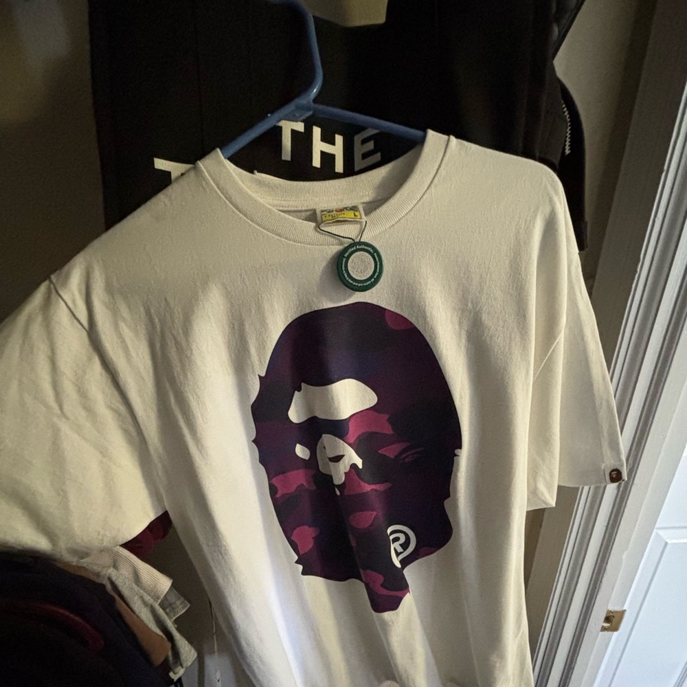 Bape White Tee with Purple Camo Graphic